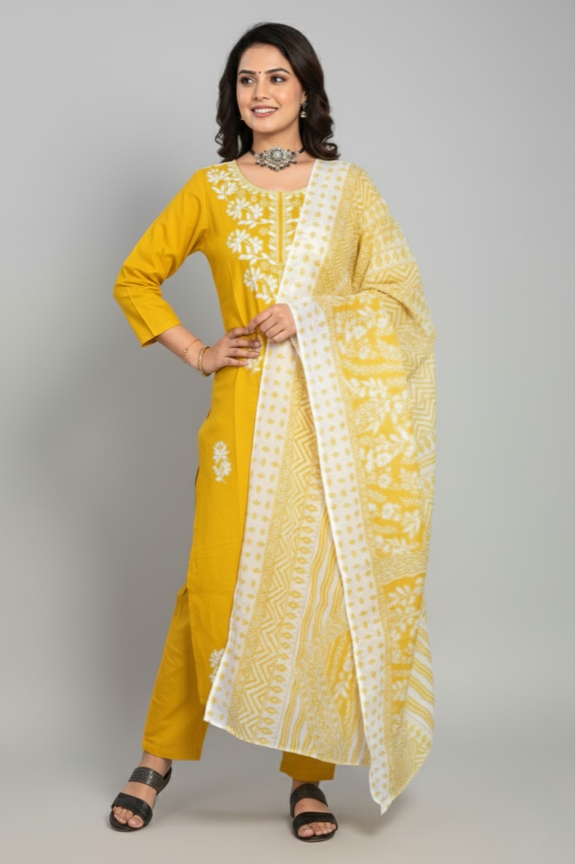 Second image of Cotton Rayon Kurta Pant Dupatta Set
