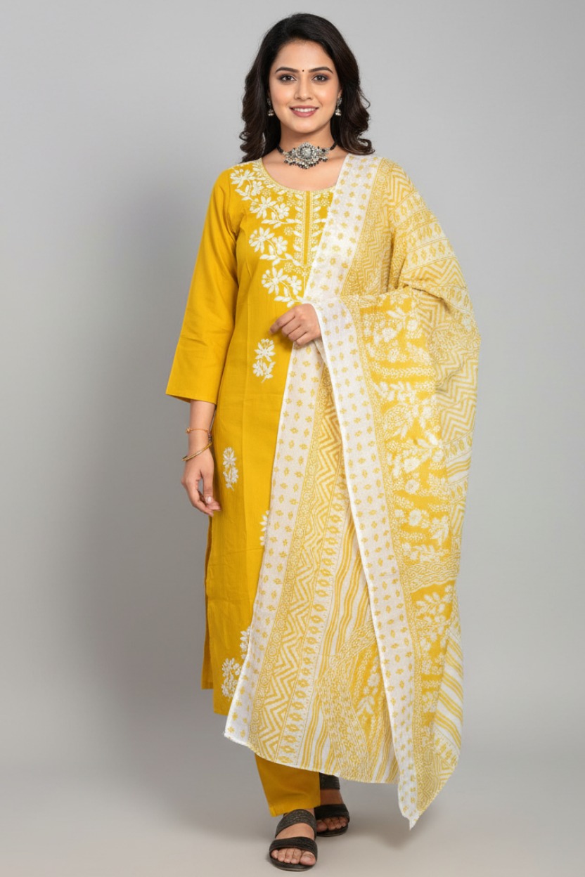 Cotton Rayon Kurta Pant Dupatta Set