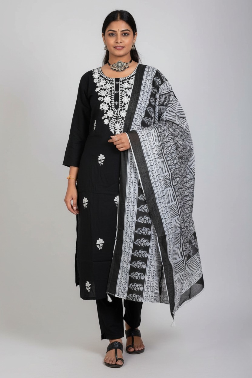 Cotton Rayon Kurta Pant Dupatta Set