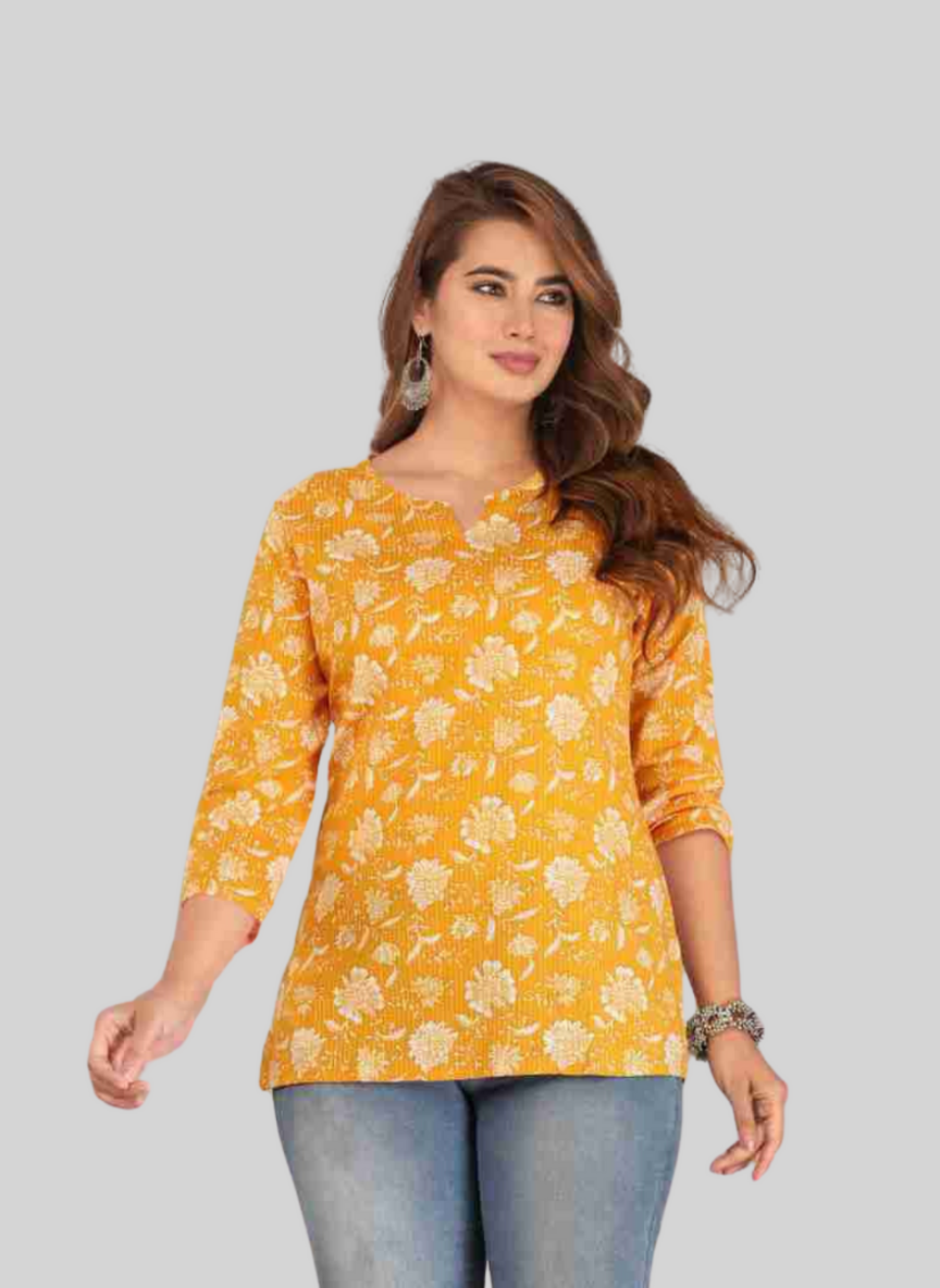 Casual Regular Sleeves Floral Print Women Yellow Top