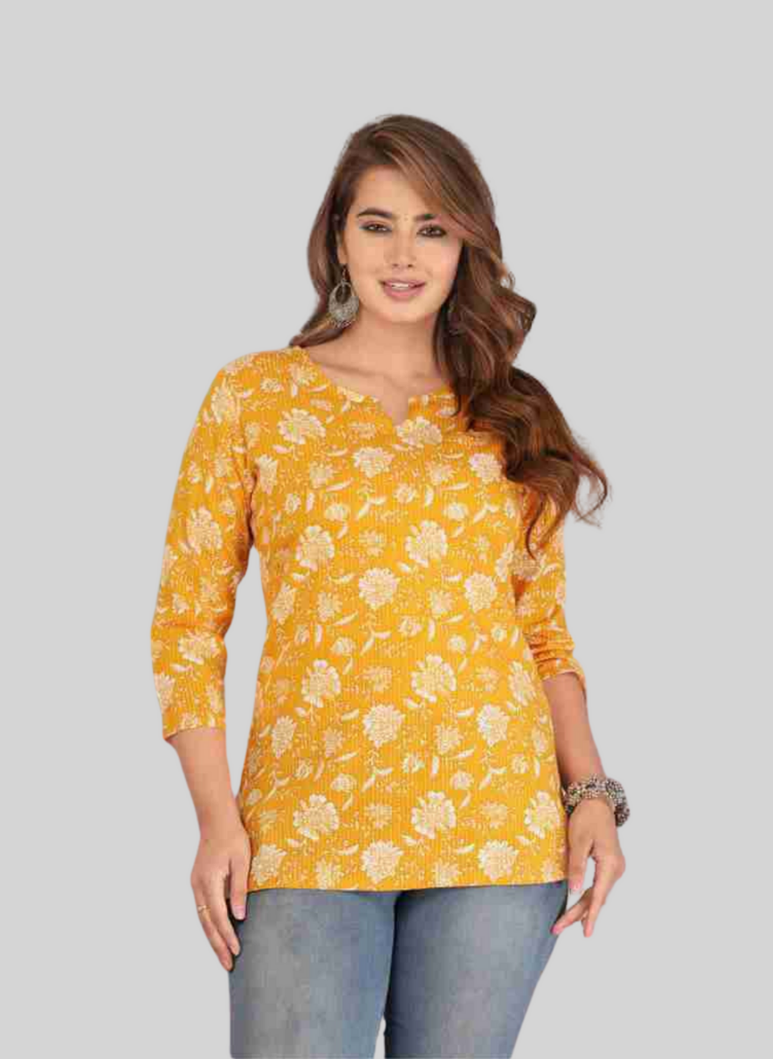 Second image of Casual Regular Sleeves Floral Print Women Yellow Top