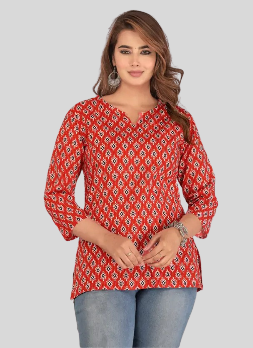 Casual Regular Sleeves Printed Women Red Top