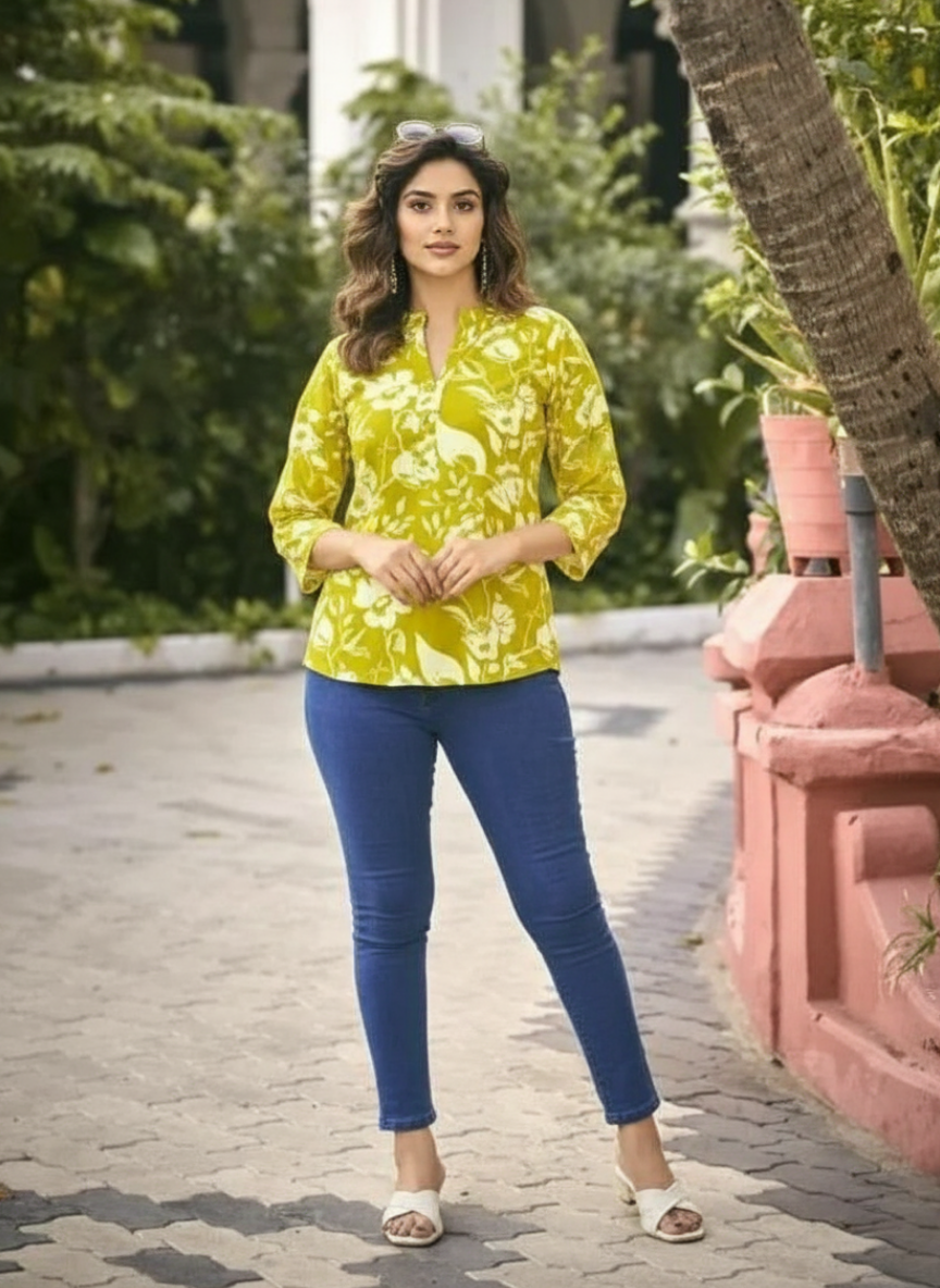 Casual Regular Sleeves Floral Print Yellow Top