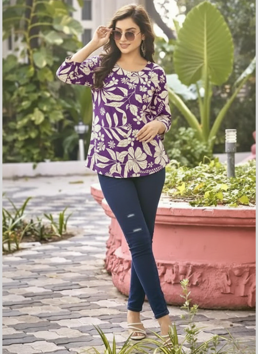 Casual Regular Sleeves Floral Print Purple Top