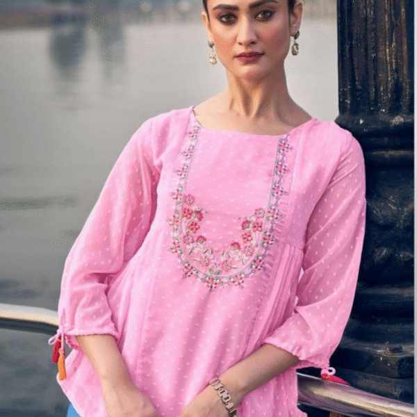 Casual Puff Sleeves Embroidered Women Pink Top