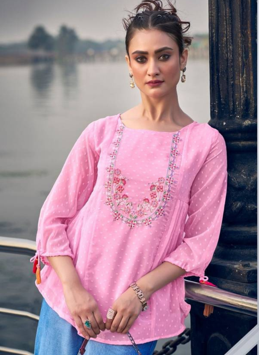 Casual Puff Sleeves Embroidered Pink Top