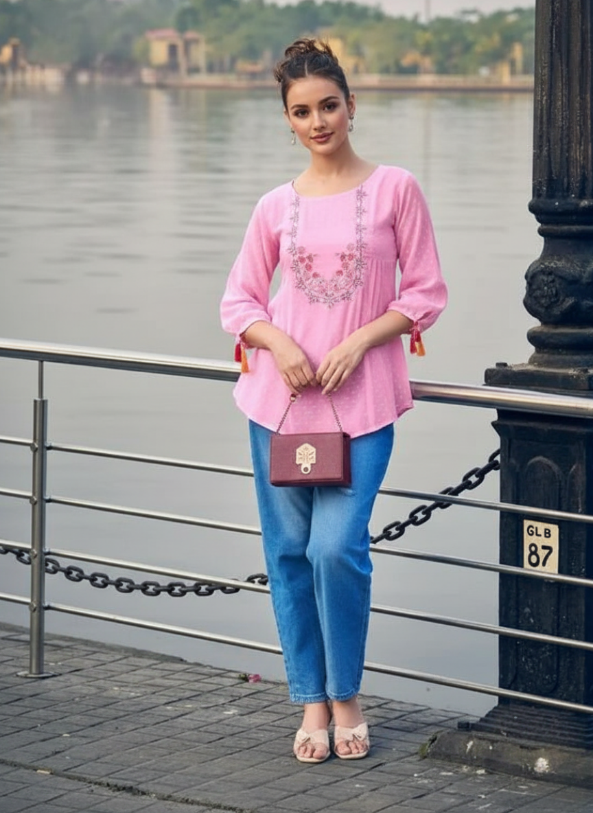Second image of Casual Puff Sleeves Embroidered Pink Top