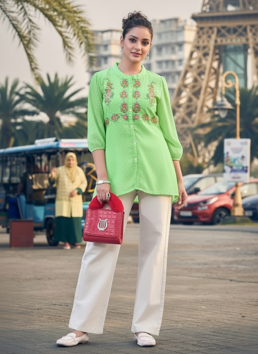 Second image of Casual Puff Sleeves Embroidered Green Top