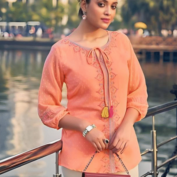 Casual Puff Sleeves Embellished Orange Top