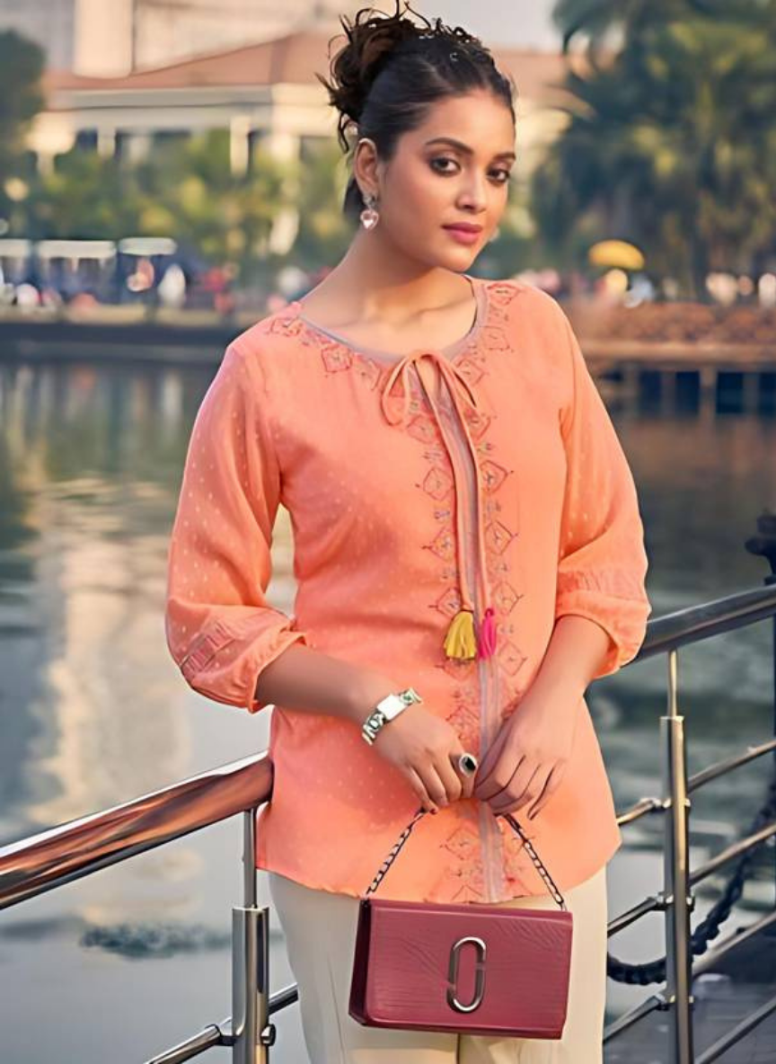 Casual Puff Sleeves Embellished Orange Top