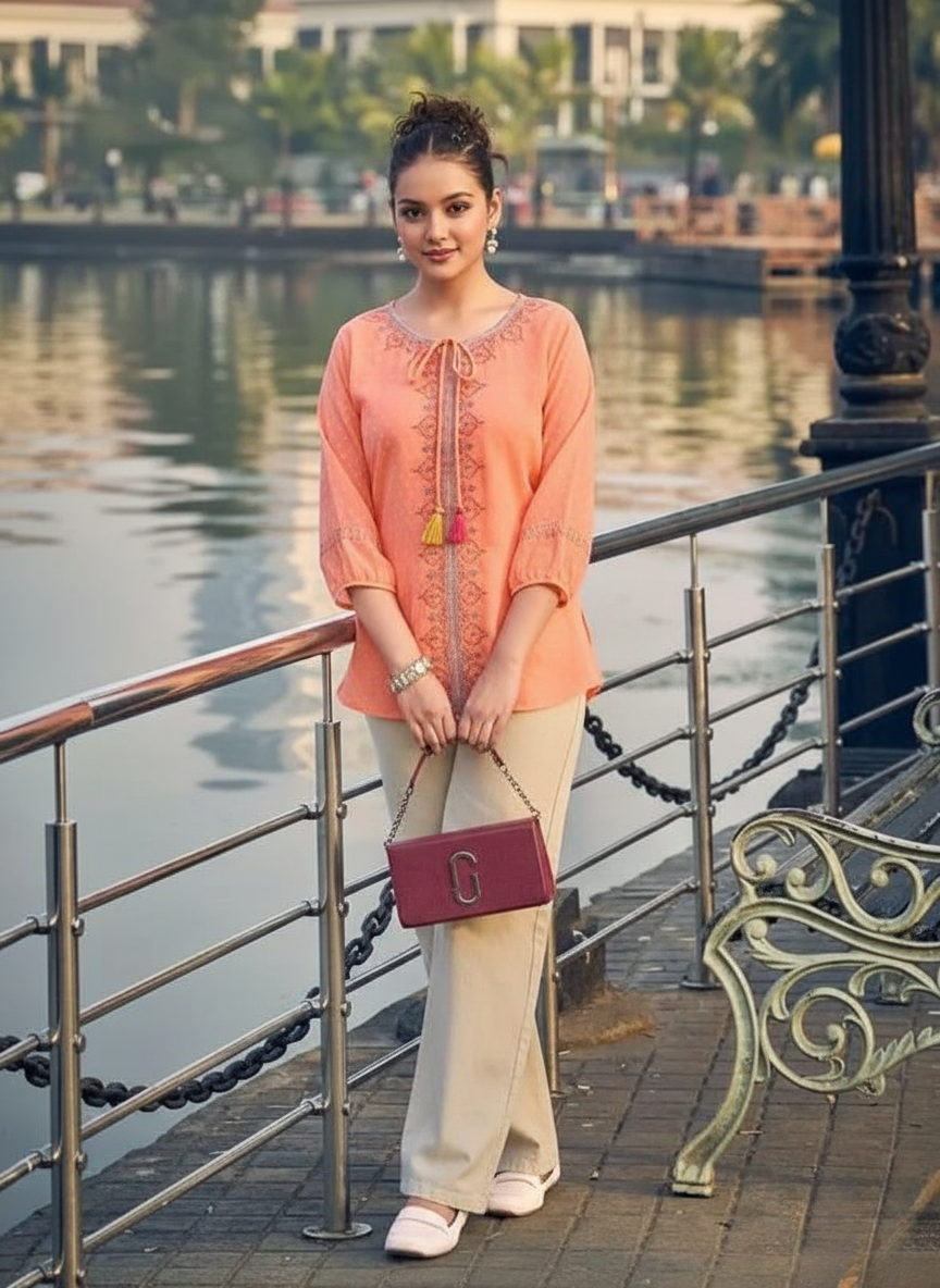 Second image of Casual Puff Sleeves Embellished Orange Top