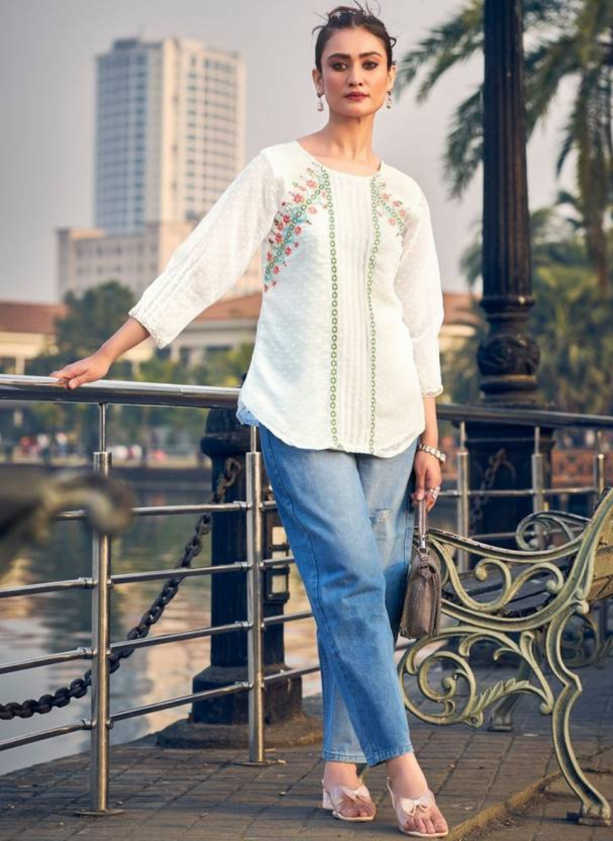 Second image of Casual Flared Sleeves Embellished White Top