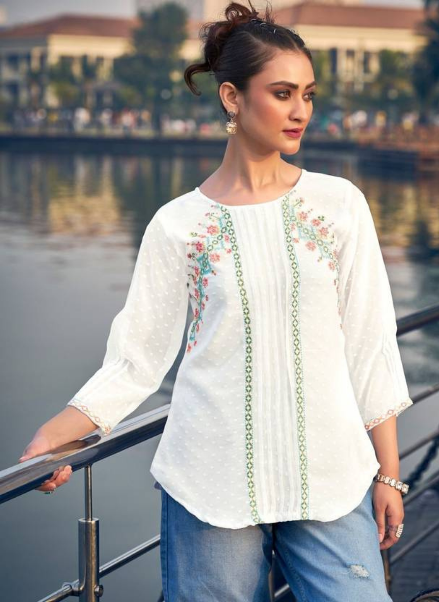Casual Flared Sleeves Embellished White Top