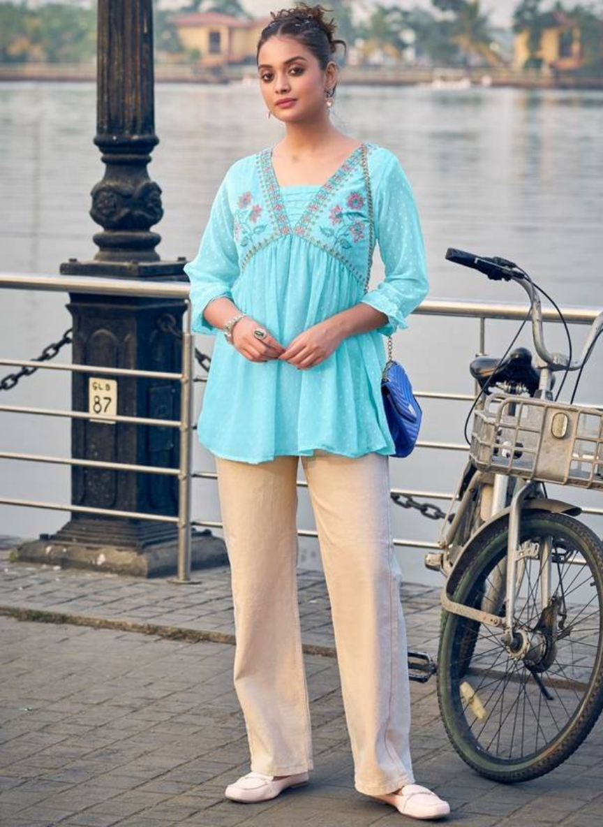 Second image of Casual Puff Sleeves Embellished Blue Top