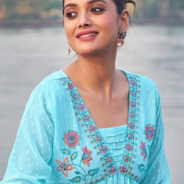Casual Puff Sleeves Embellished Women Blue Top