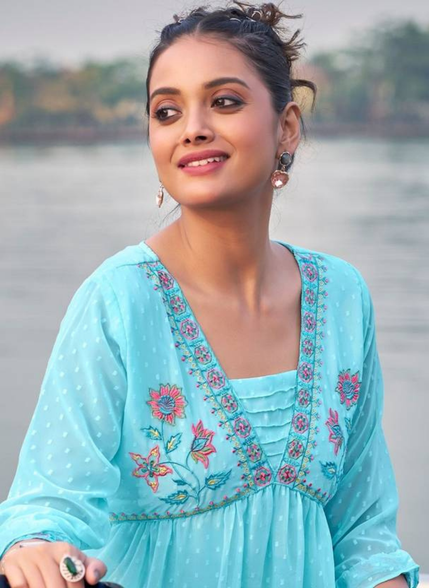 Casual Puff Sleeves Embellished Blue Top