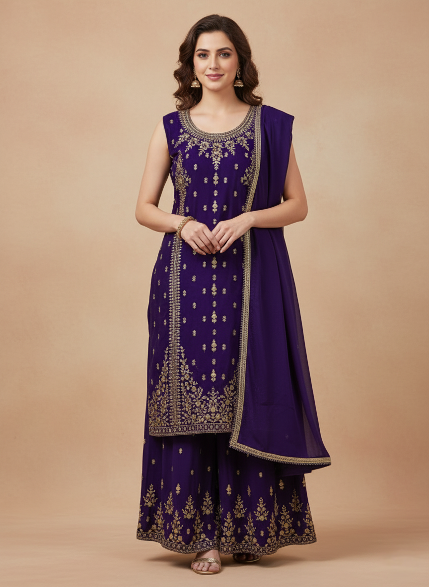 Art Silk Kameez Sharara Set with Zari Work Dupatta