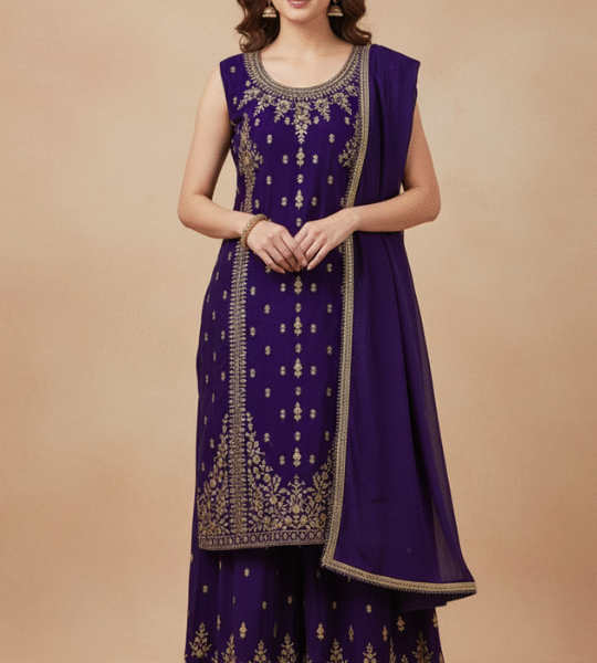 Art Silk Purple Kameez Sharara Set with Zari Work Dupatta