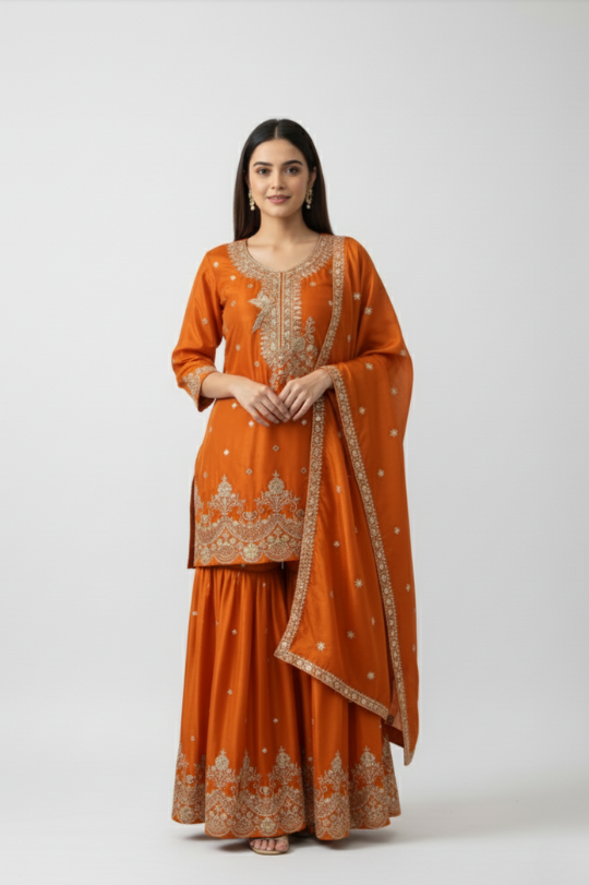 New Art Silk Short Kurta with Sharara & Dupatta Set