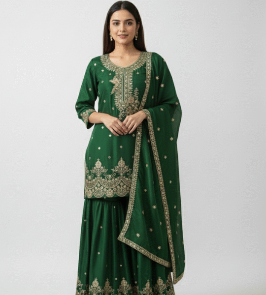 New Art Silk Green Short Kurta with Sharara & Dupatta Set