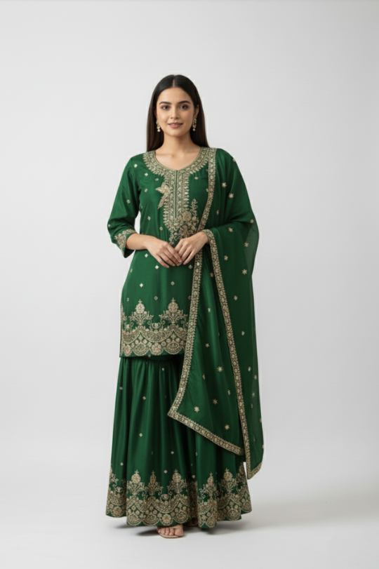 New Art Silk Green Short Kurta with Sharara & Dupatta Set