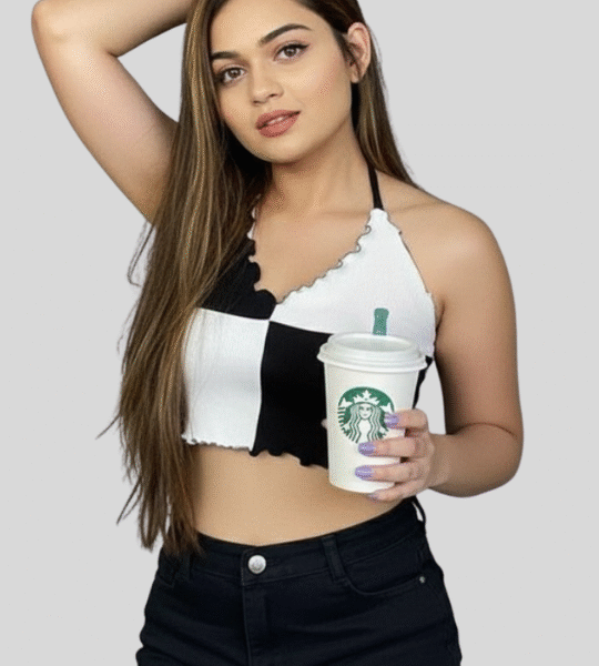 Fashionable Black & White Ribbed Lycra Top