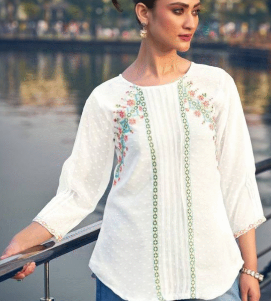 Casual Flared Sleeves Embellished White Top