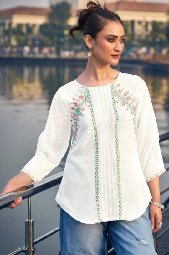 Casual Flared Sleeves Embellished White Top