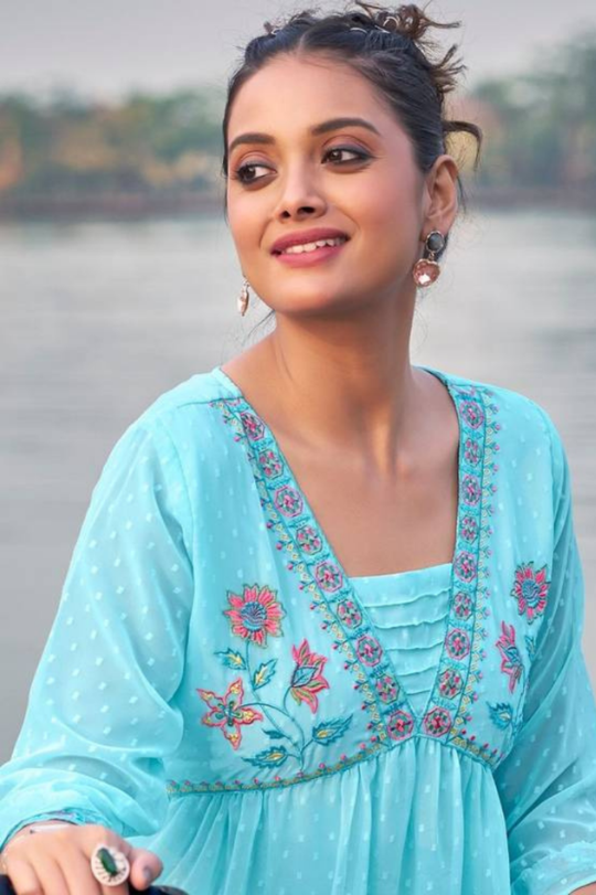 Casual Puff Sleeves Embellished Blue Top