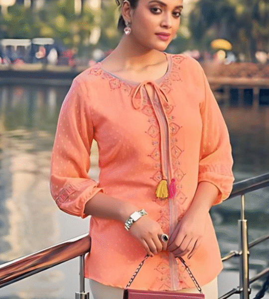 Casual Puff Sleeves Embellished Orange Top