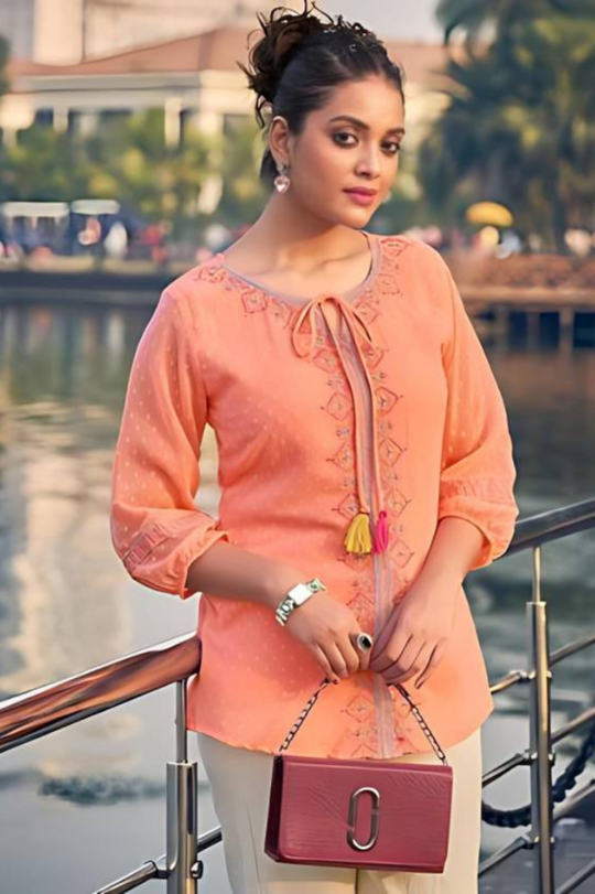 Casual Puff Sleeves Embellished Orange Top