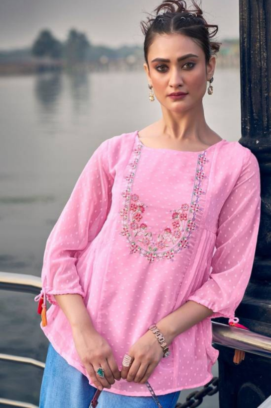 Casual Puff Sleeves Embroidered Pink Top