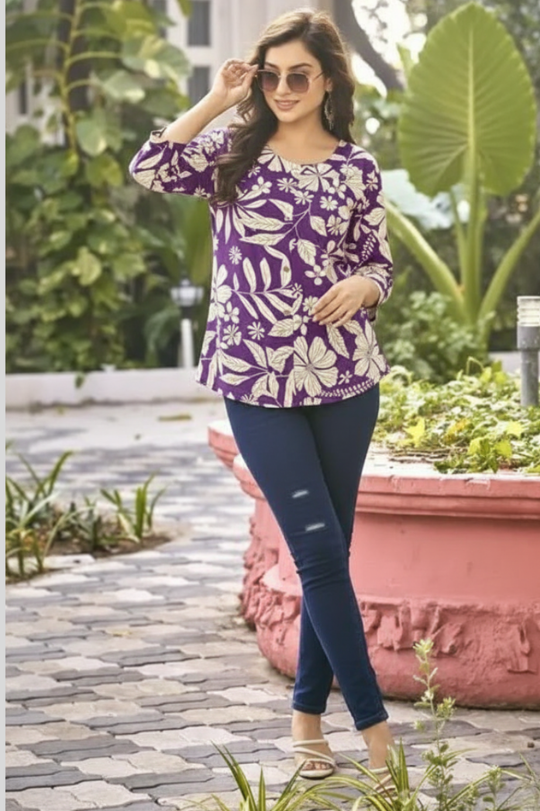 Casual Regular Sleeves Floral Print Purple Top