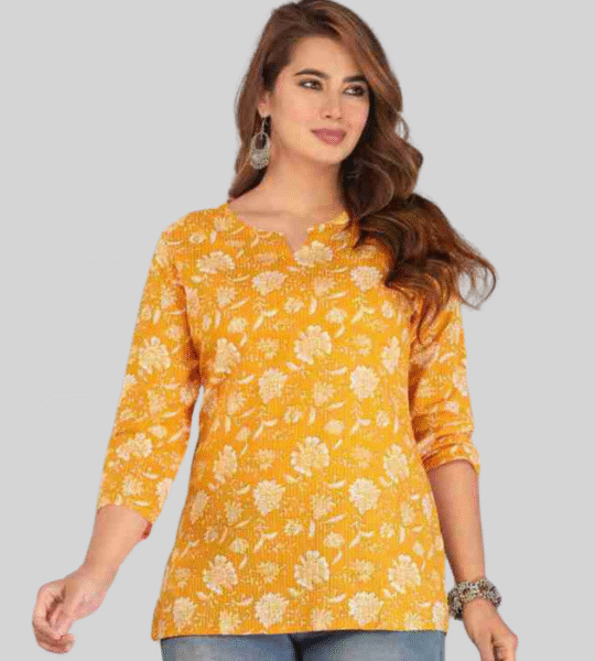 Casual Regular Sleeves Floral Print Women Yellow Top