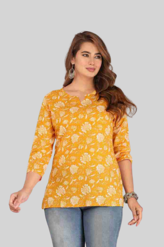 Casual Regular Sleeves Floral Print Women Yellow Top