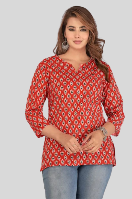 Casual Regular Sleeves Printed Women Red Top