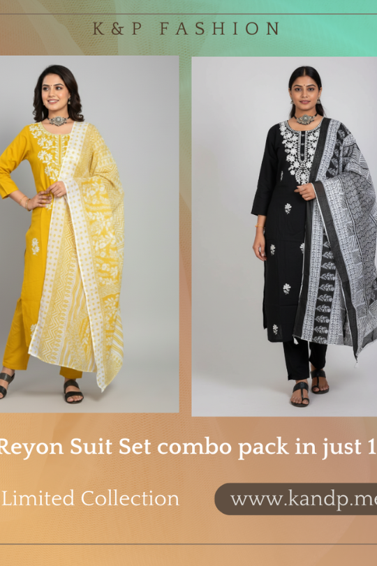 Elegant Rayon Suit Set Combo – Black & Mustard