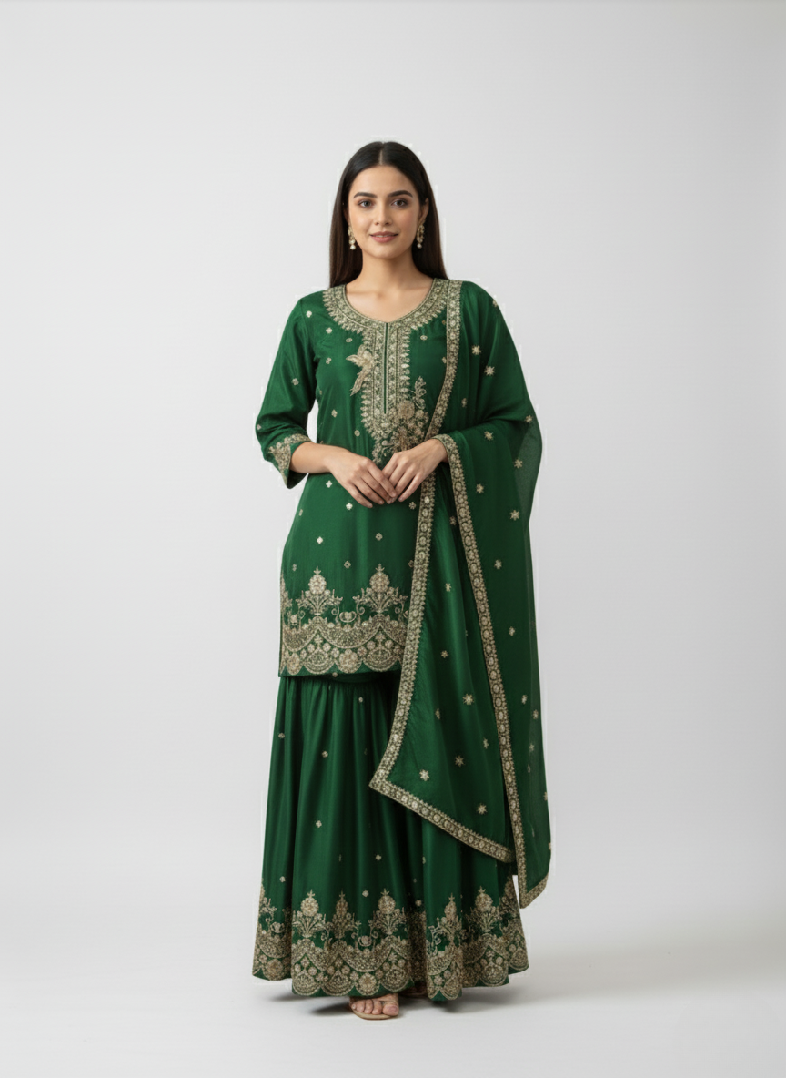 New Art Silk Short Kurta with Sharara & Dupatta Set