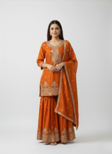 New Art Silk Short Orange Kurta with Sharara & Dupatta