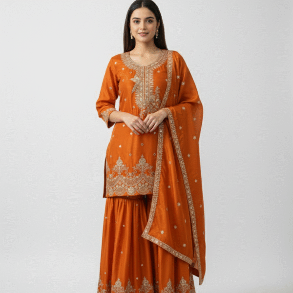 New Art Silk Short Orange Kurta with Sharara & Dupatta