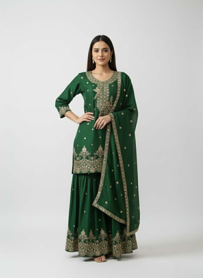 Second image of New Art Silk Short Kurta with Sharara & Dupatta Set