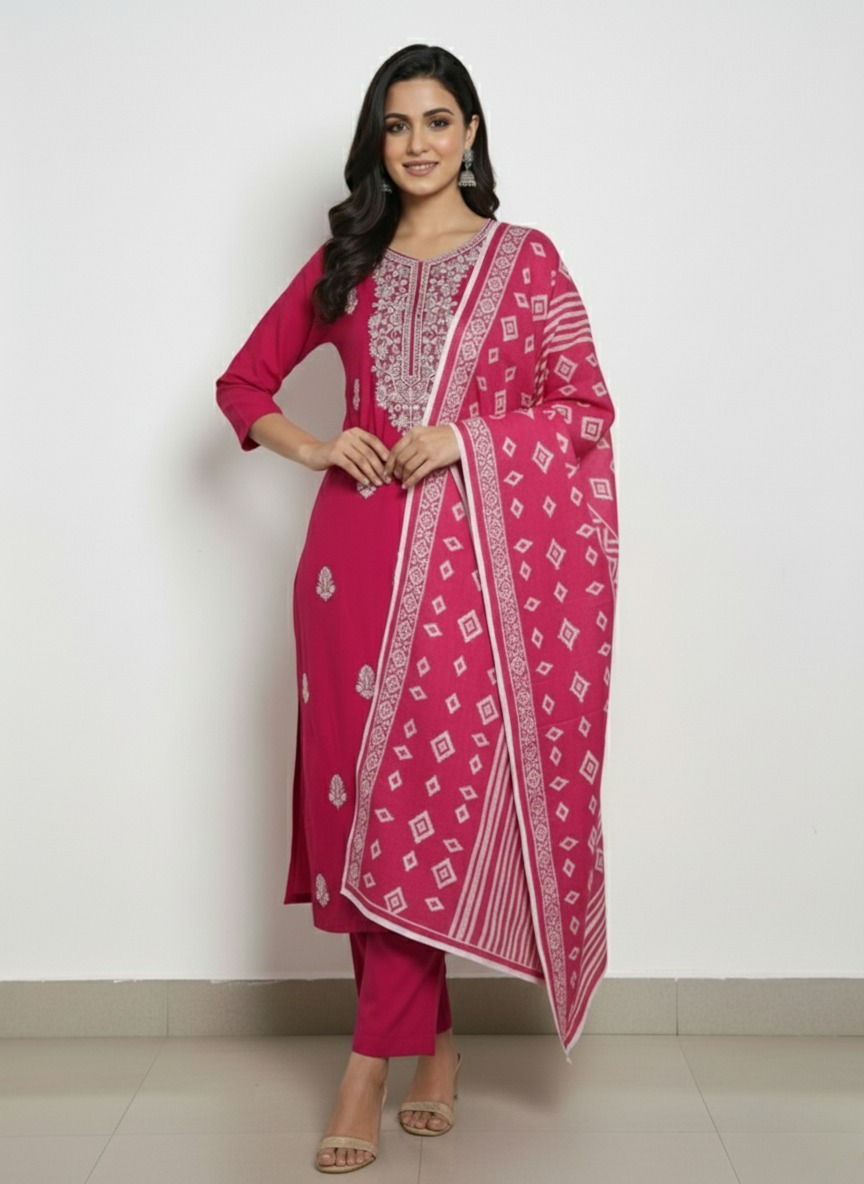 Second image of Cotton Rayon Kurta Pant Dupatta Set