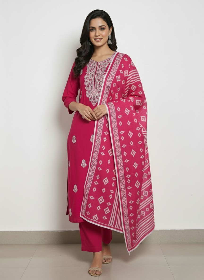Cotton Rayon Kurta Pant Dupatta Set