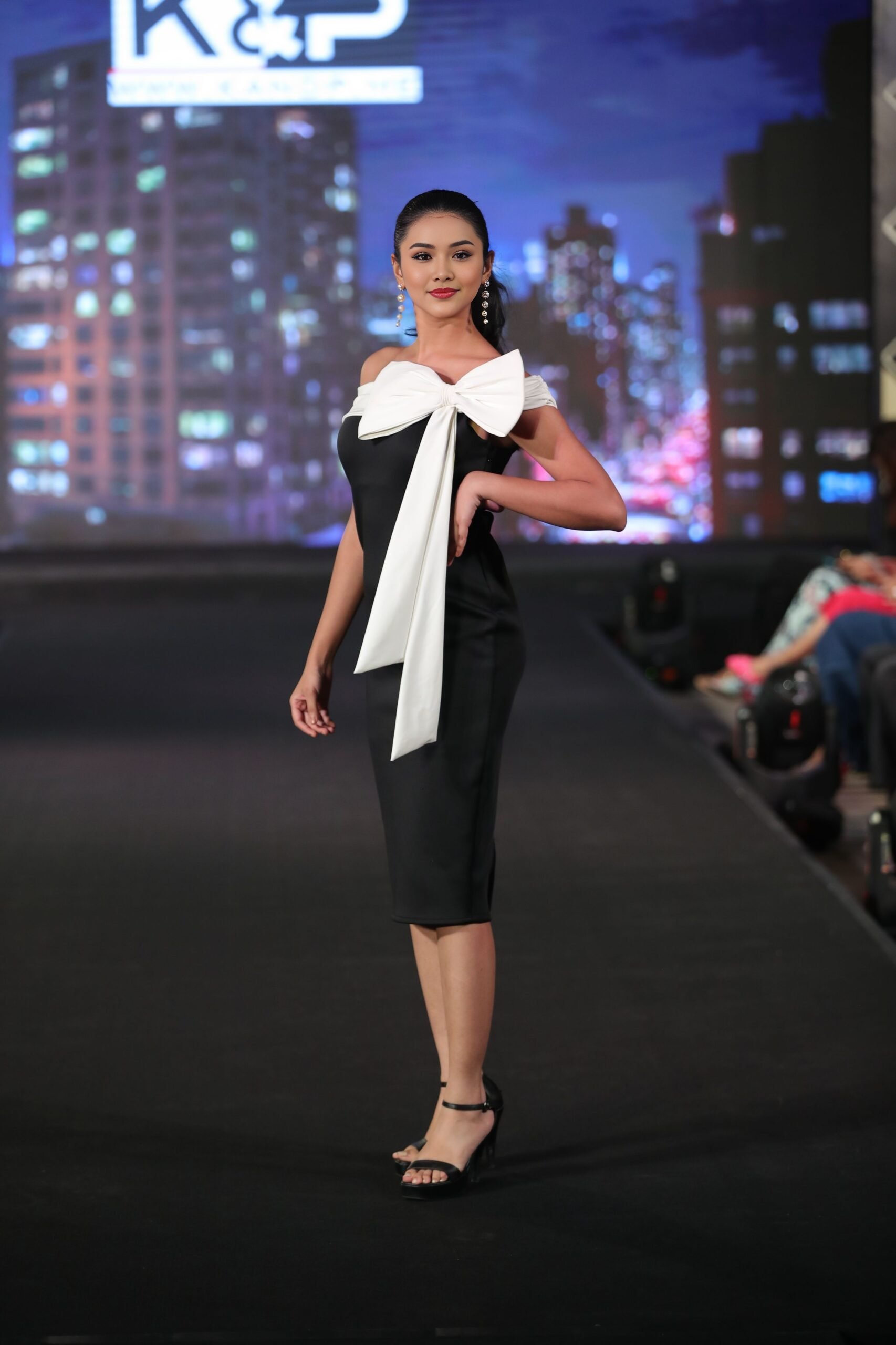 Second image of Asymmetrical Black And White Midi Dress