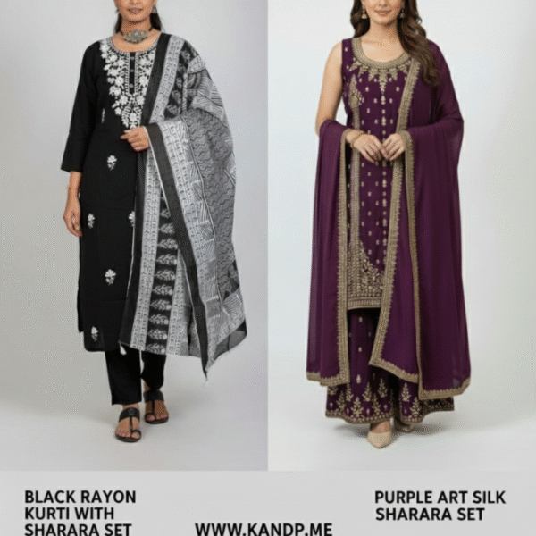 New Combo Black Rayon Kurti Set & DeepPurple Sharara Set