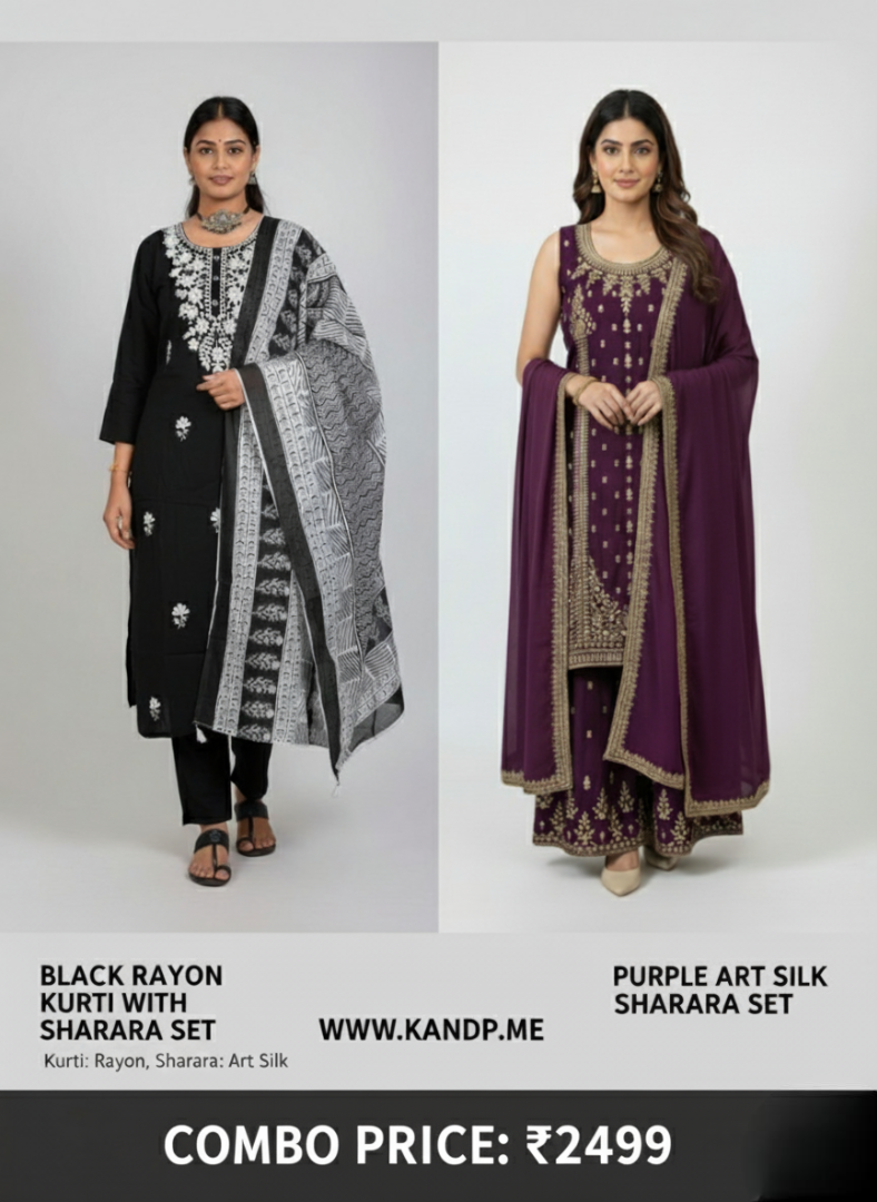 New Combo Black Rayon Kurti Set & DeepPurple Sharara Set