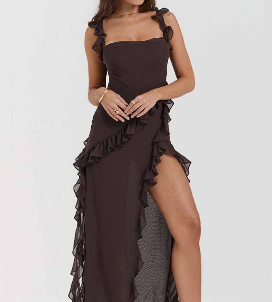 Brown Maxi Dress with Side Slits