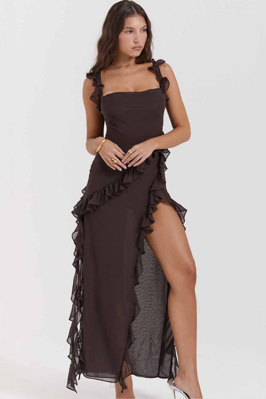 Brown Maxi Dress with Side Slits