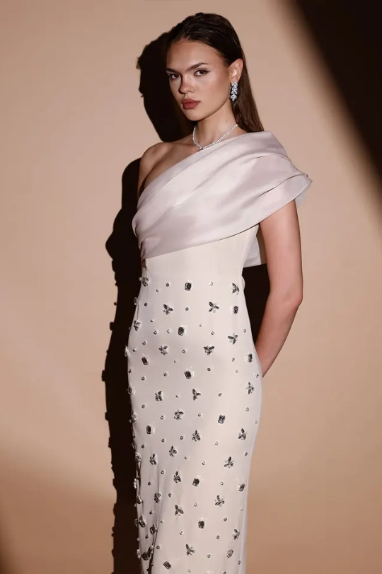 Embellished One Shoulder Sheath Midi Dress