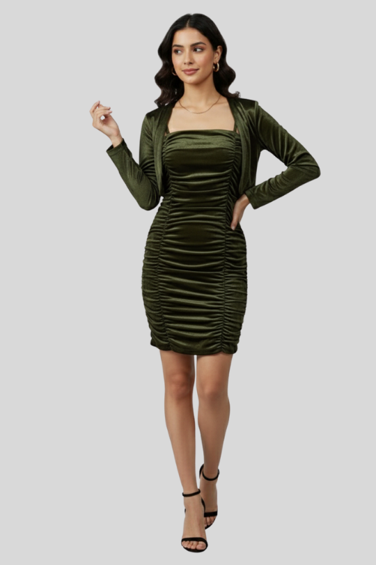 New Ruched Satin Bodycon Mini Dress with Shrug